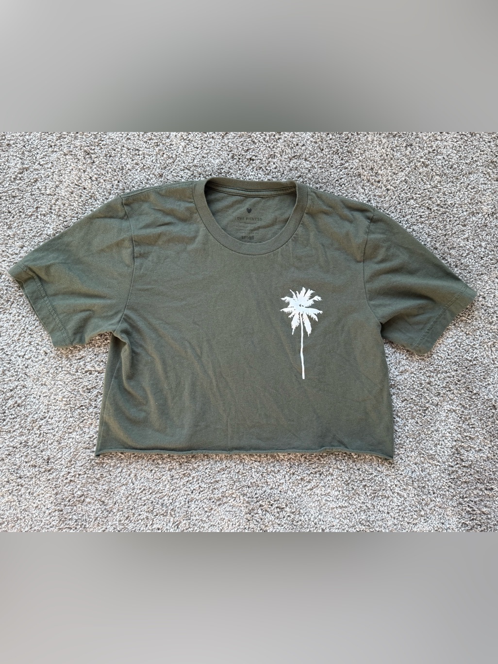 Love Fitness Olive Green Crop Top Tee With White Palm Tree Graphic Logo — image 5 of 5